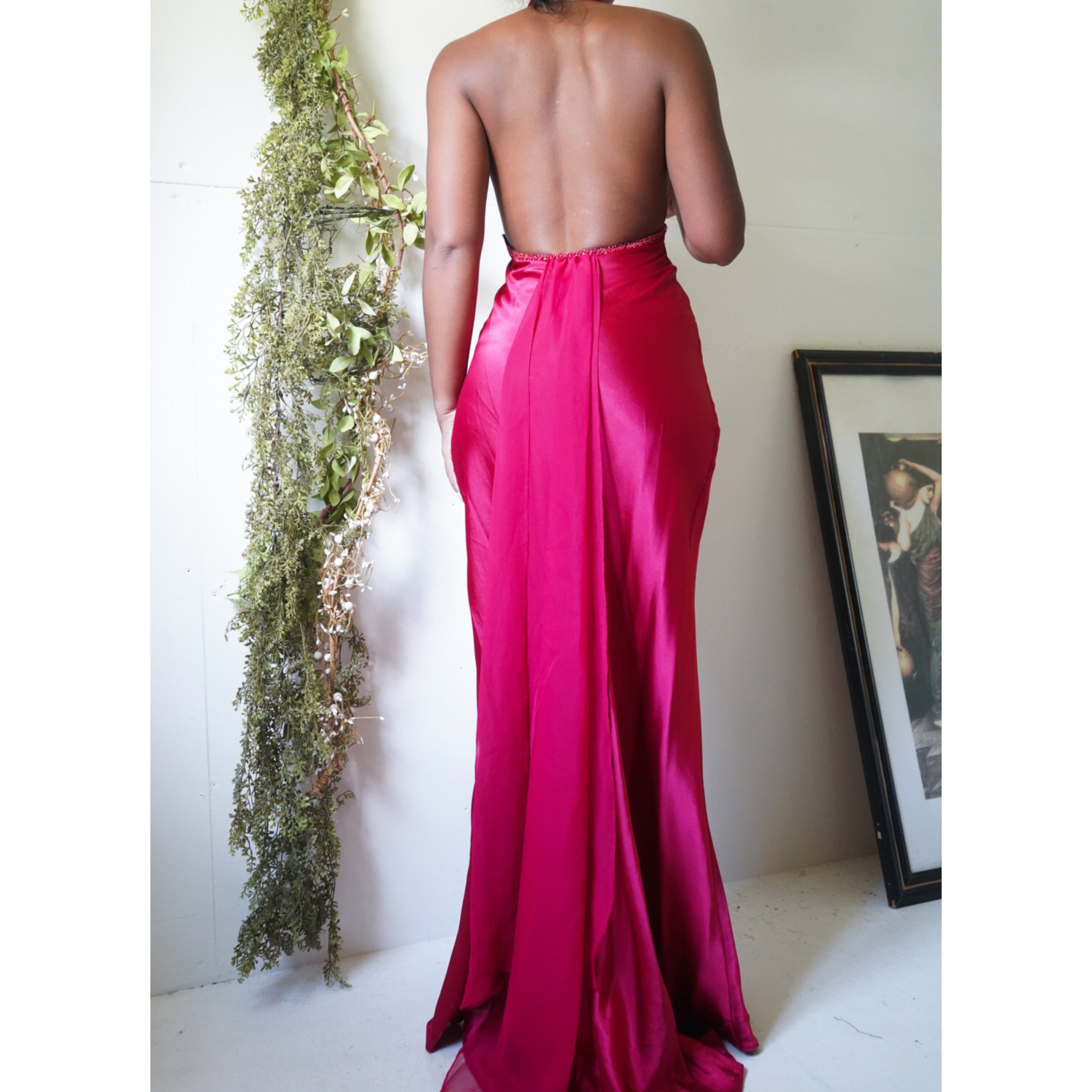 Red Satin Halter Backless Gown