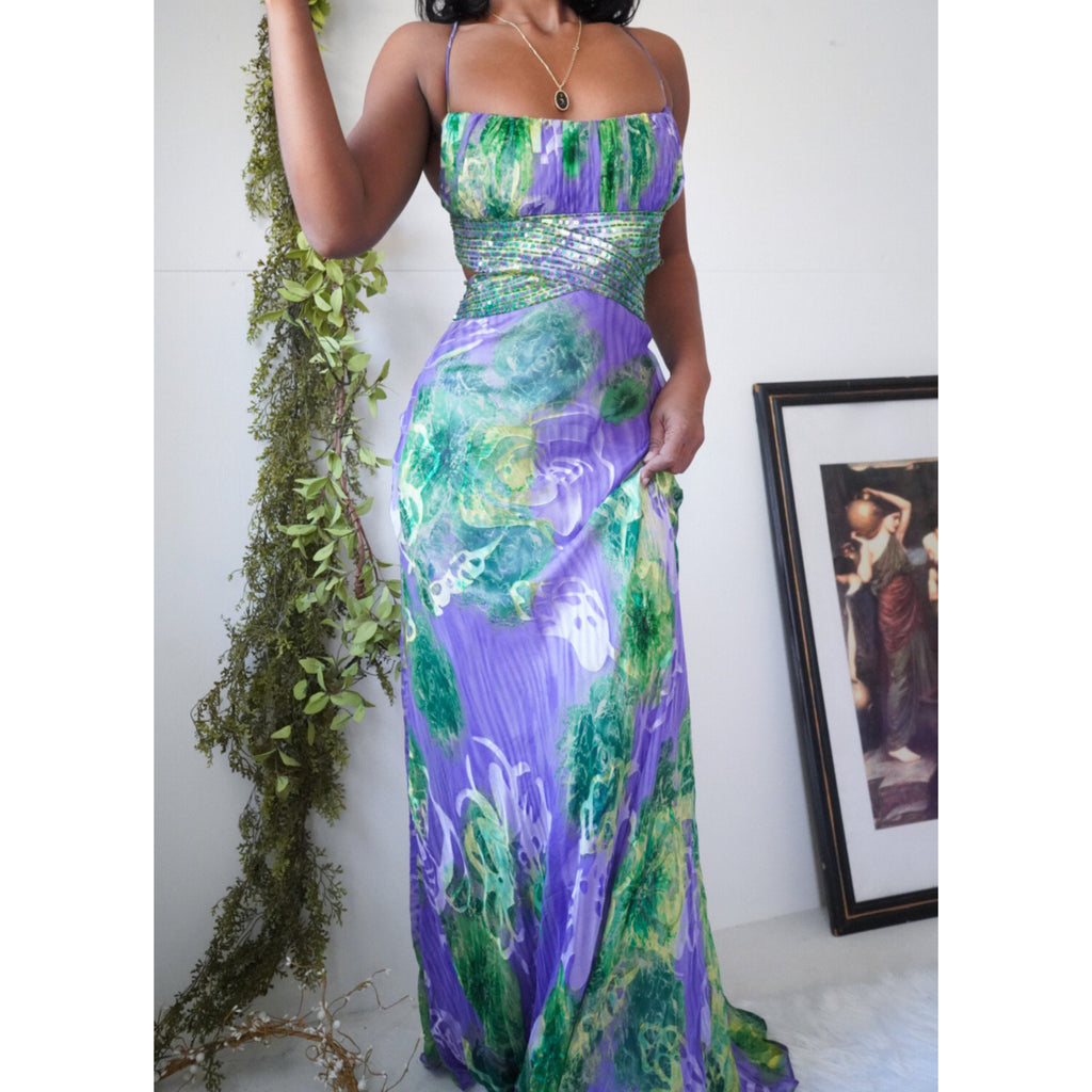 Burnout Purple and Green Floral Milkmaid Bust Fairy Gown