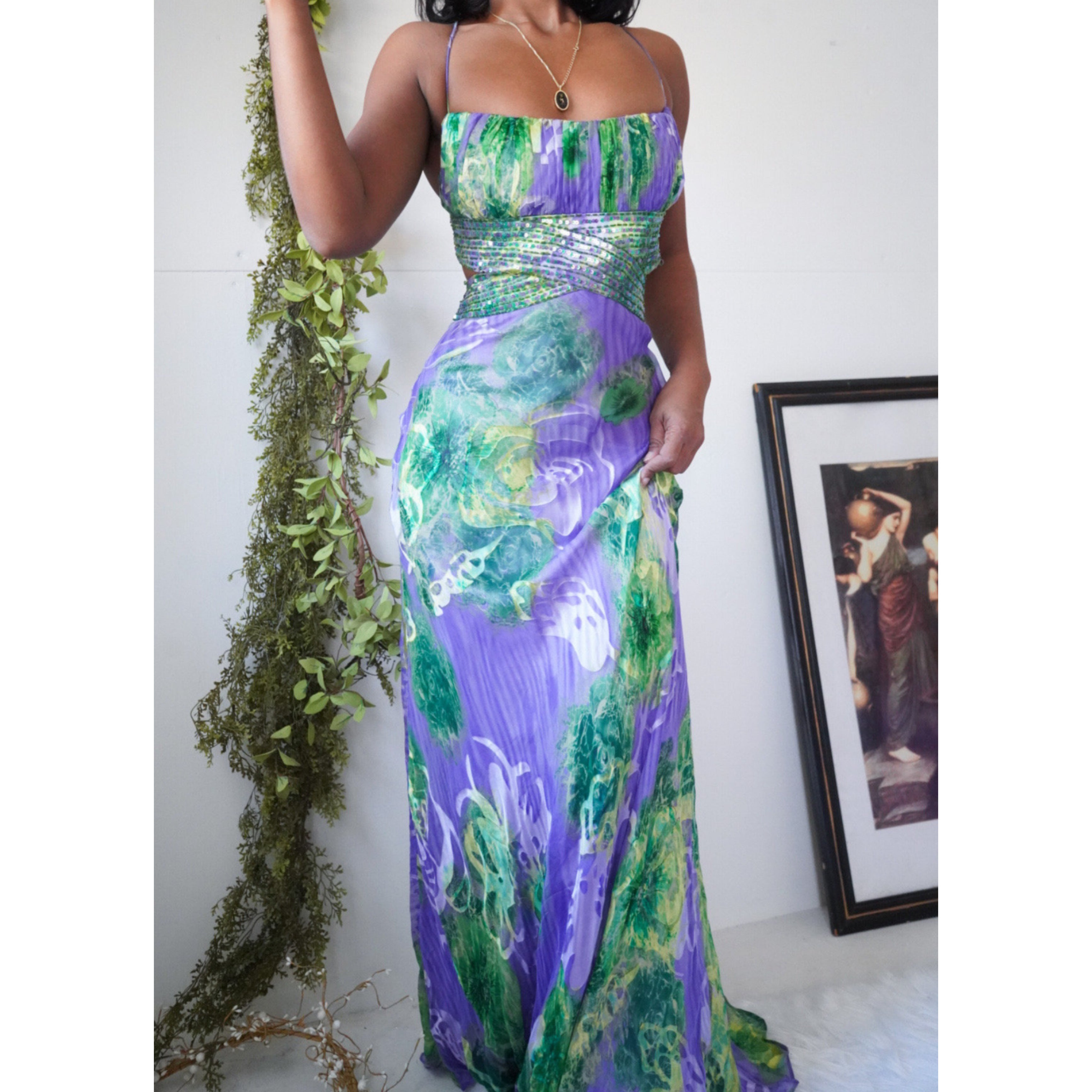 Burnout Purple and Green Floral Milkmaid Bust Fairy Gown