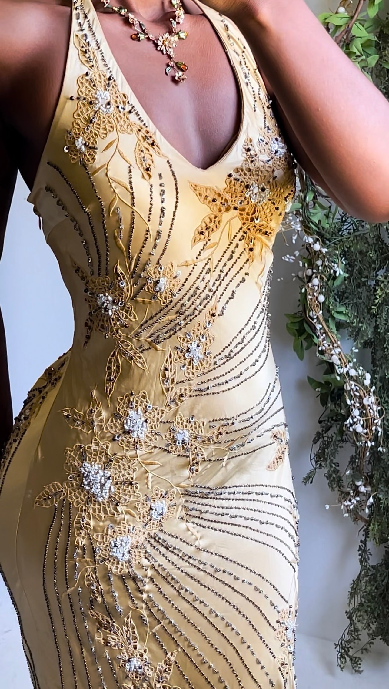 Golden Yellow Beaded Sue Wong Halter Gown