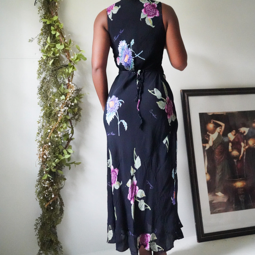 90s Black Floral Tie Back Staple Dress