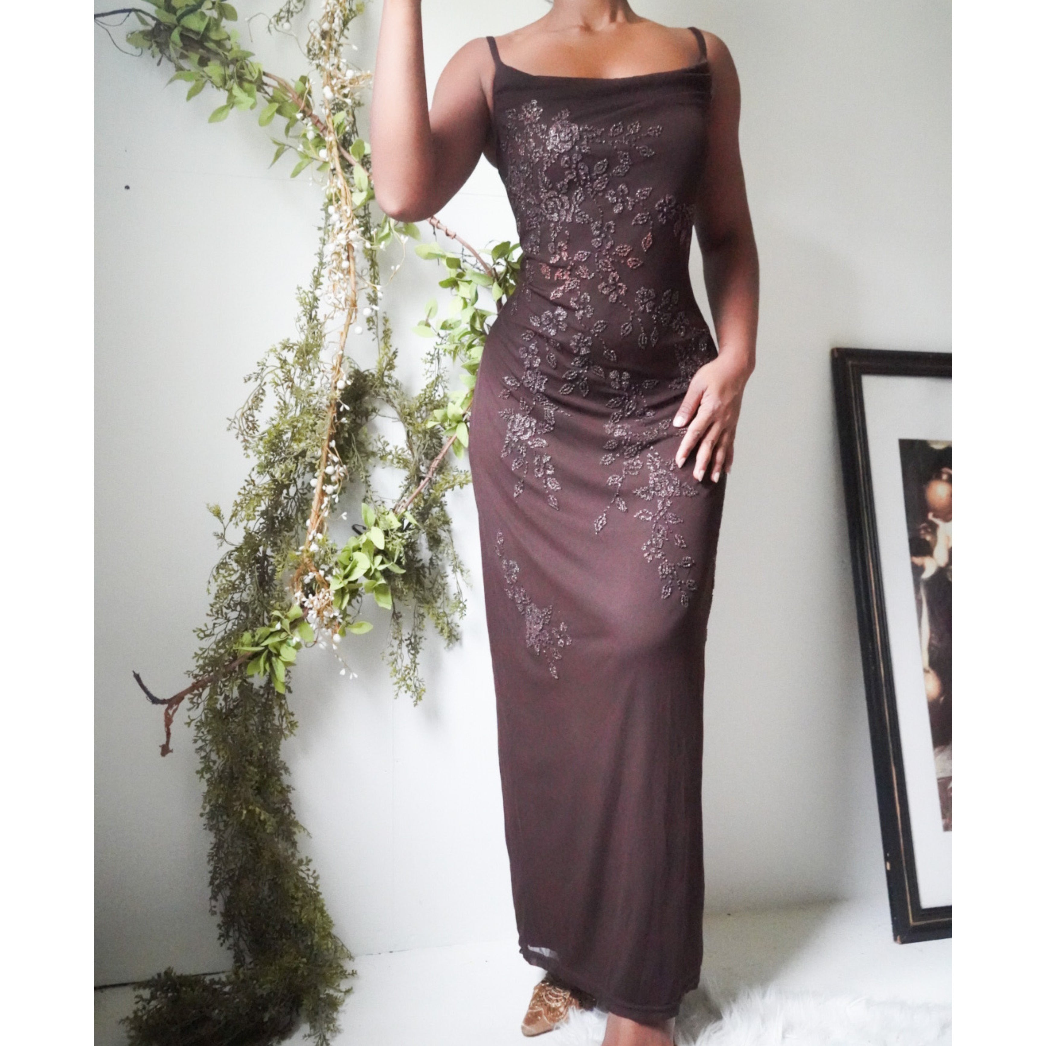 Brown Mesh Beaded Maxi Dress