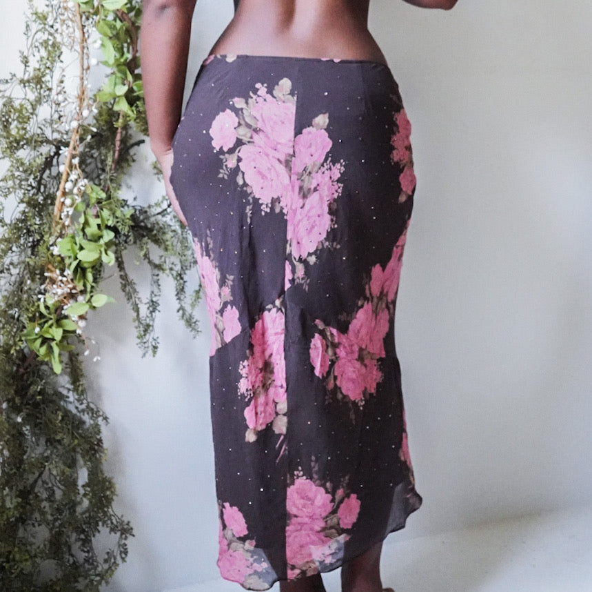 Chocolate and Pink Silk Floral Rhinestone Skirt