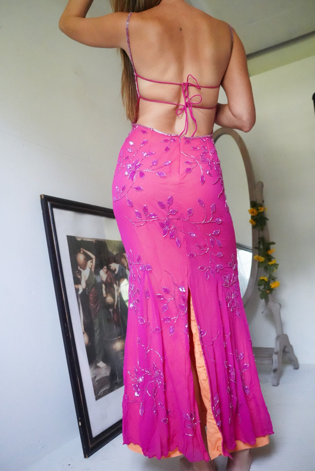 Layered Pink Silk Beaded Gown