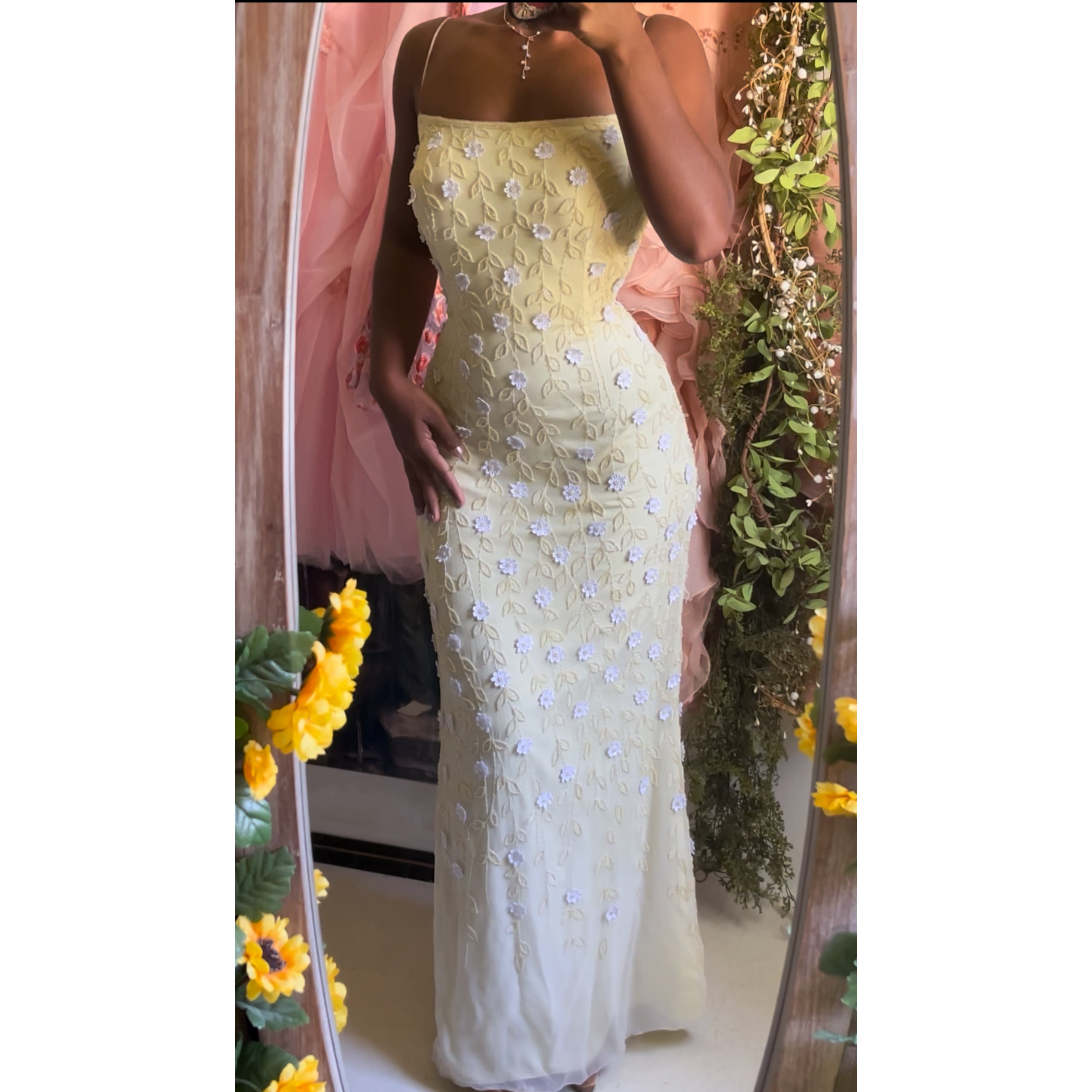 Pale Yellow Silk Beaded Daisy Gown