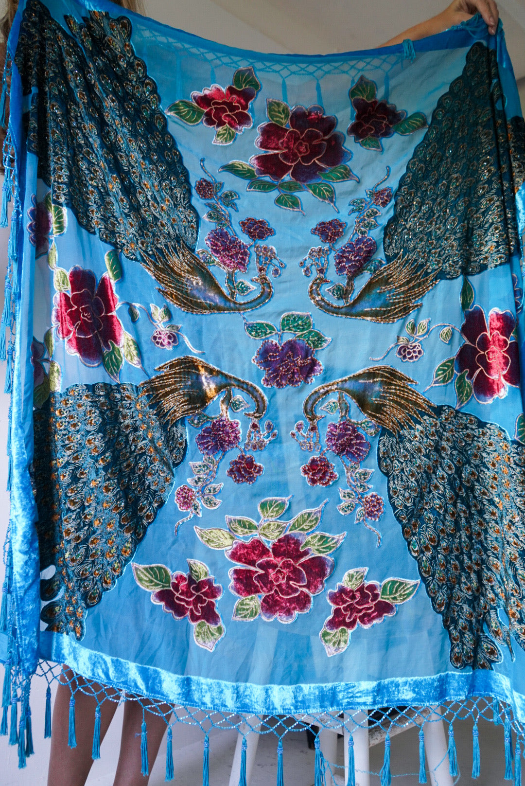 Rare beaded peacock scarf