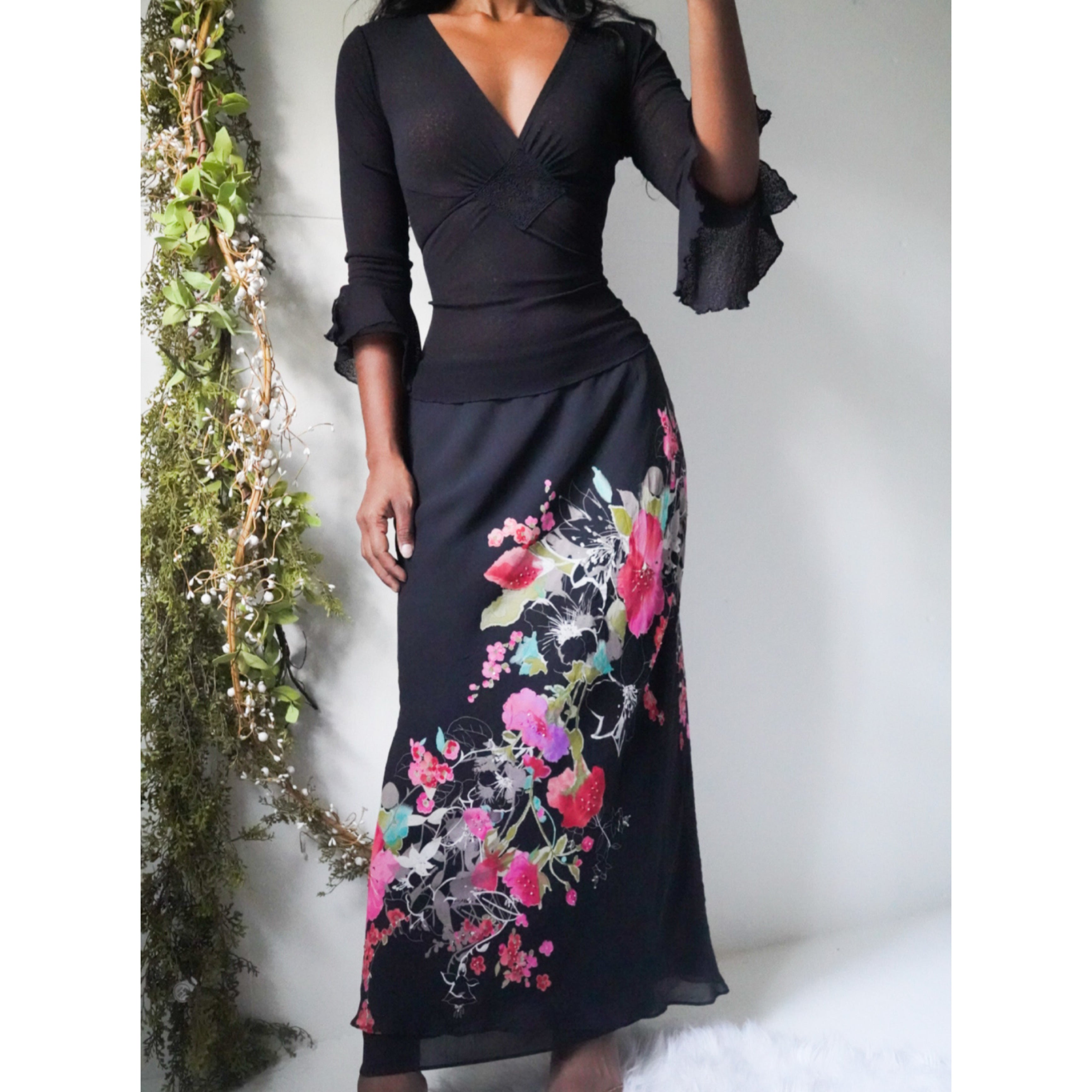Beaded Detail Vintage Y2K Silk Floral Maxi Skirt