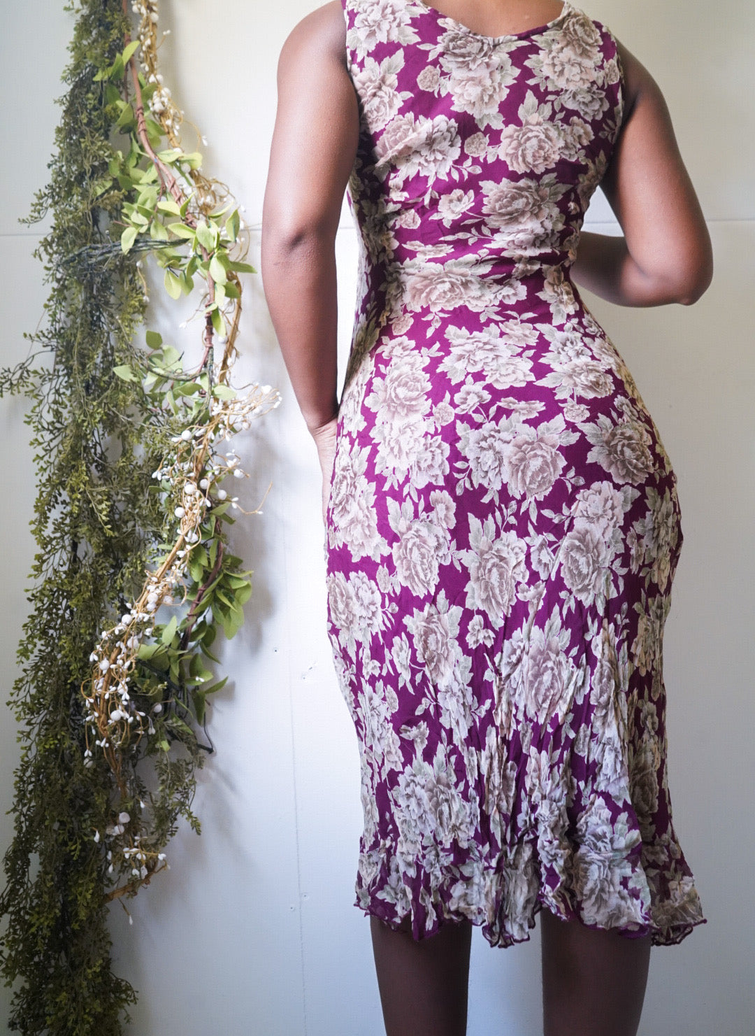 Wine Floral Silk Staple Dress