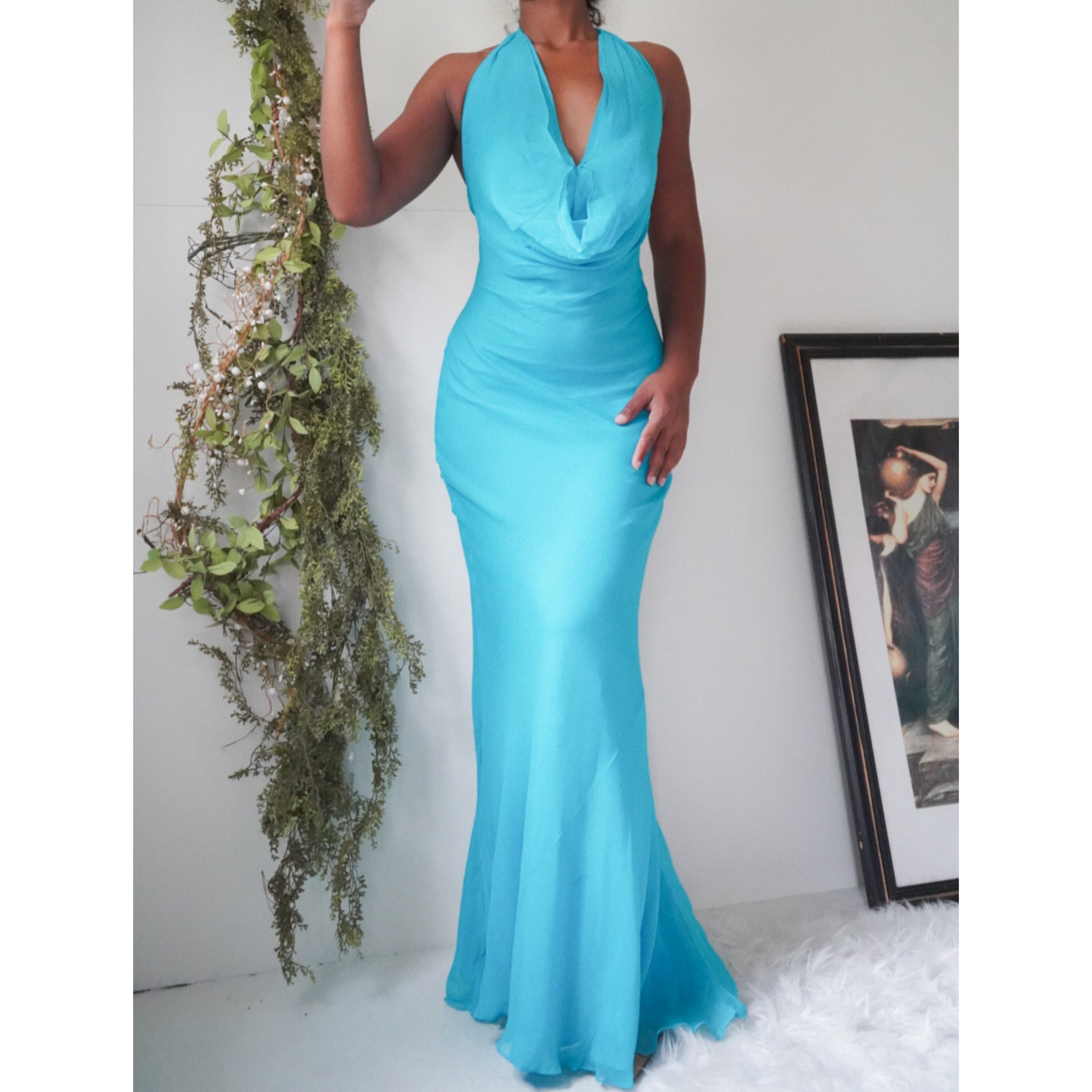 Blue Halter Cowl Neck Silk Gown