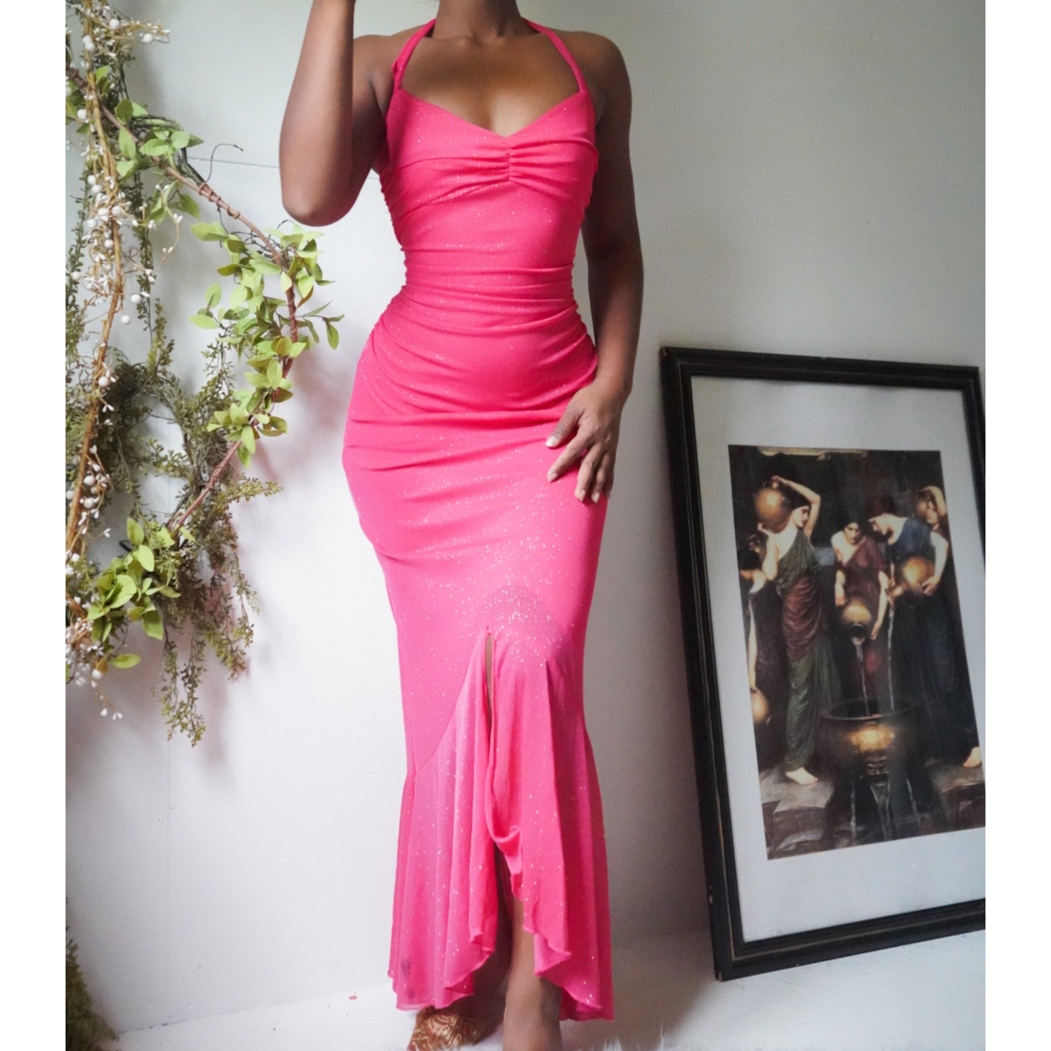 Coral Pink Glitter Halter Dress