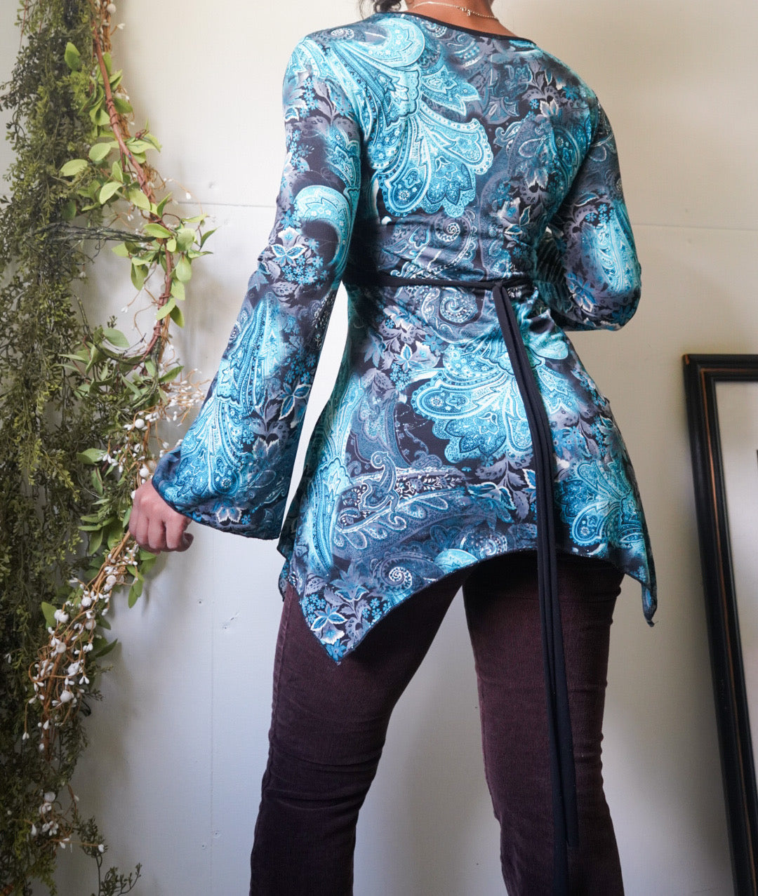 Paisley Boho Flare Sleeve Tie Back Top
