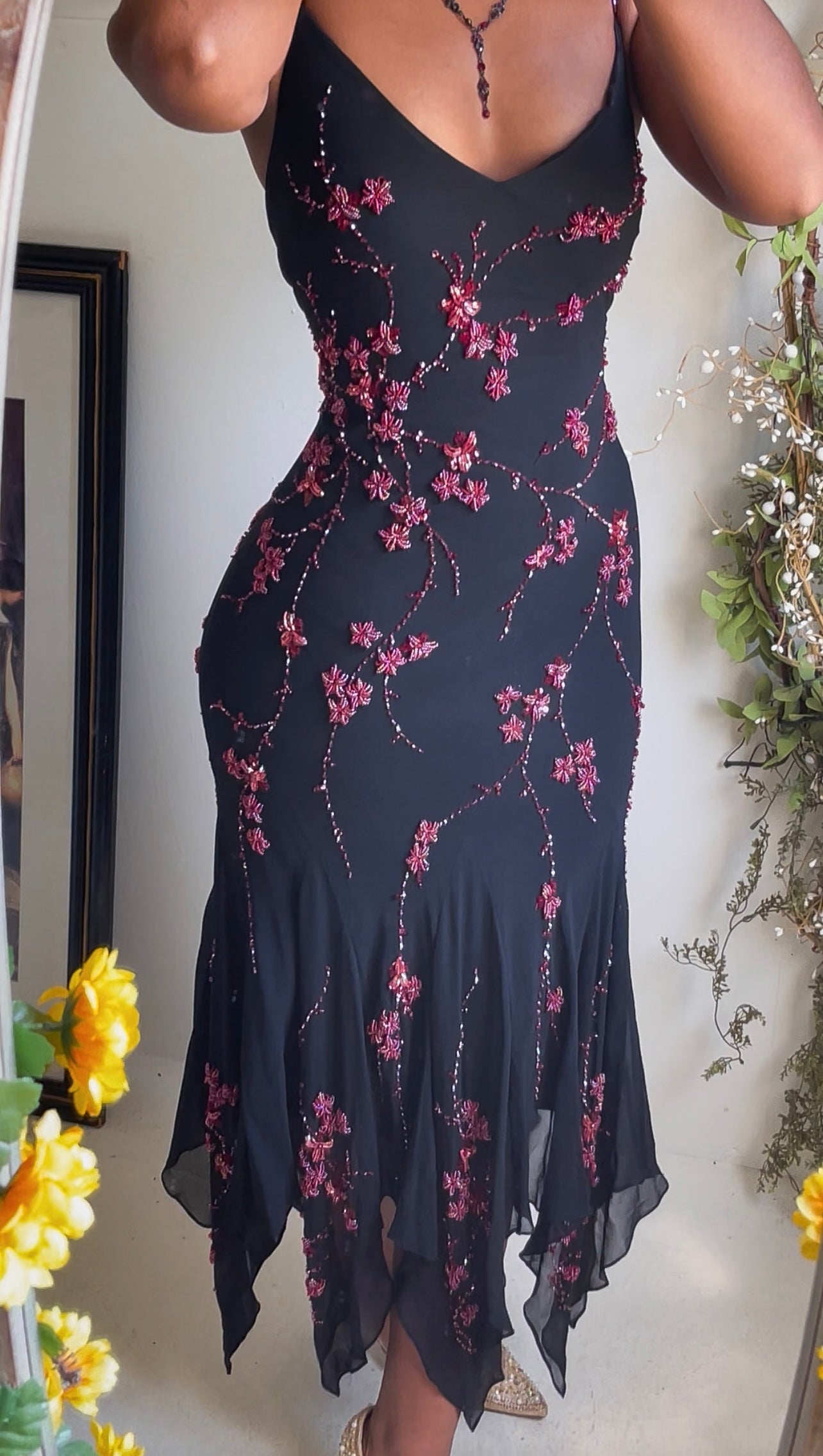 Y2K Black and Red Beaded Silk Fairy Midi Dress