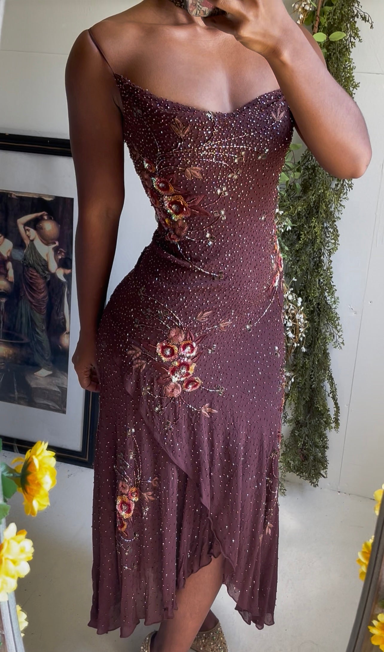 Chocolate Silk Beaded Sue Wong Dress