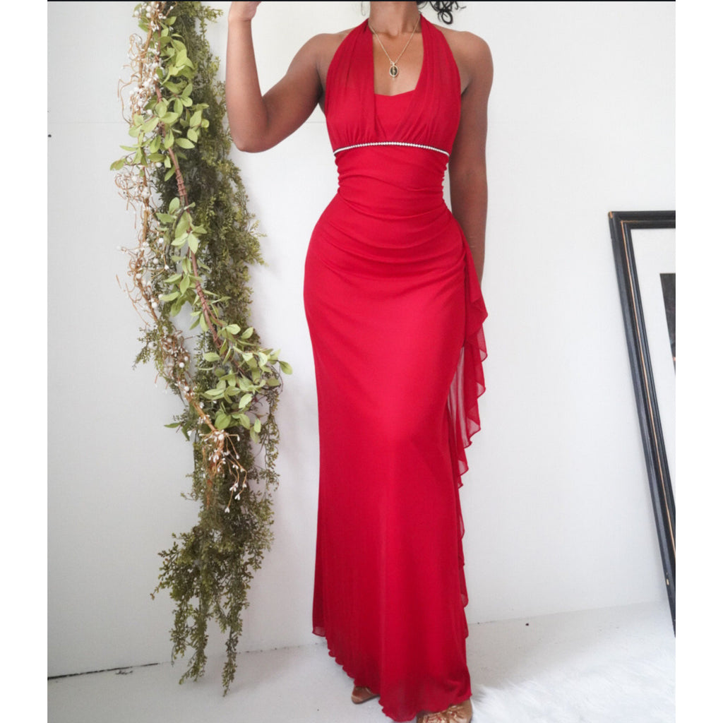 Red Halter Rhinestone Trim Gown