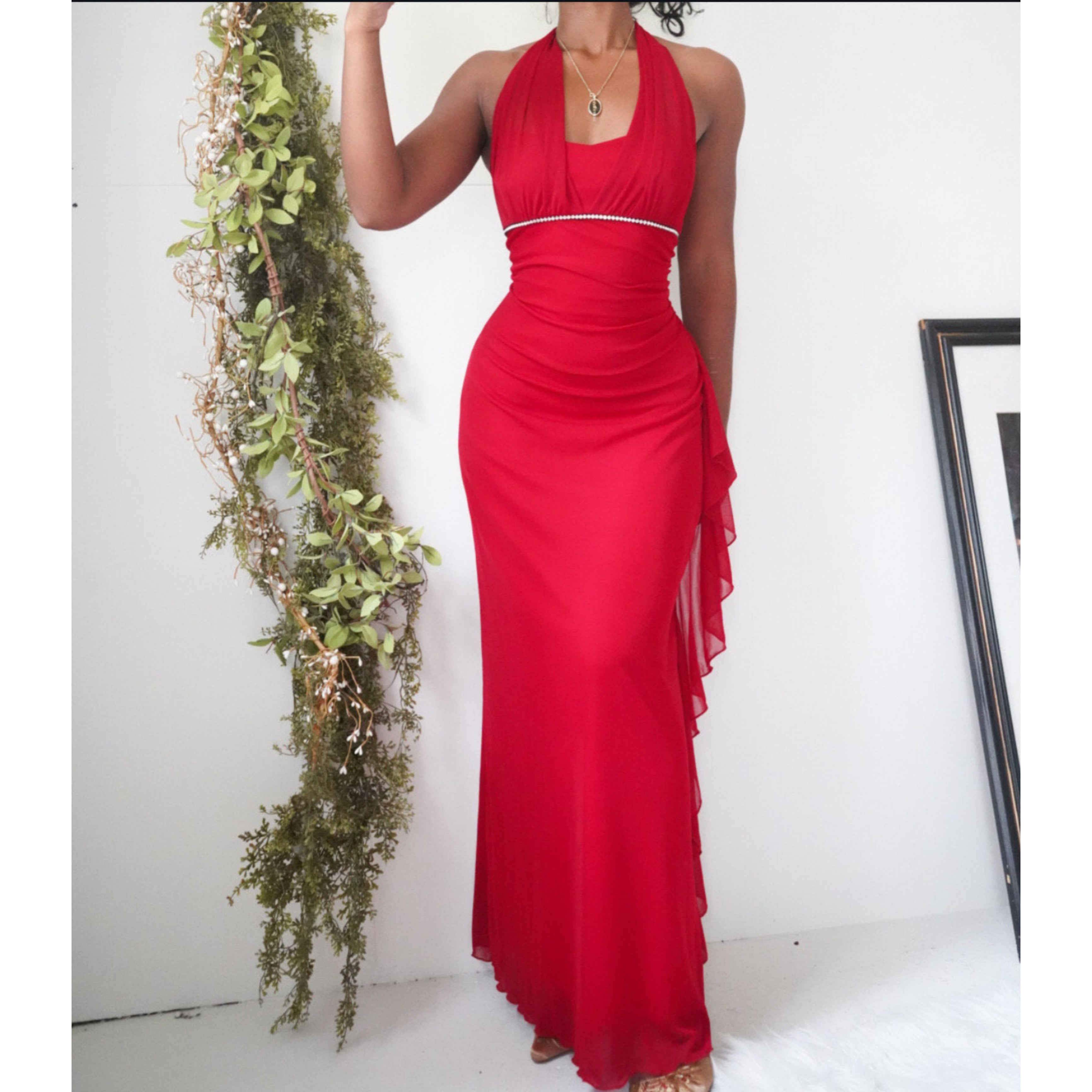 Red Halter Rhinestone Trim Gown