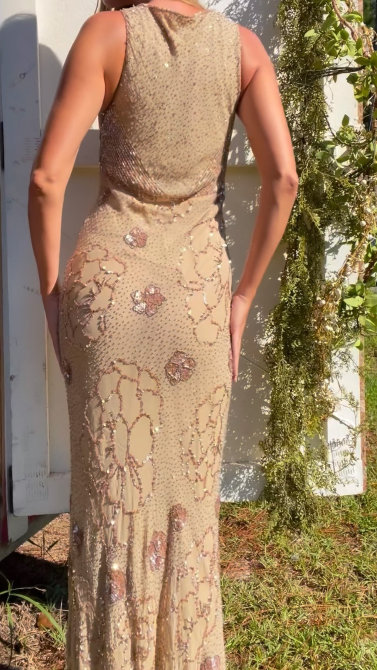 Rare Sue Wong beaded silk ruffle gown