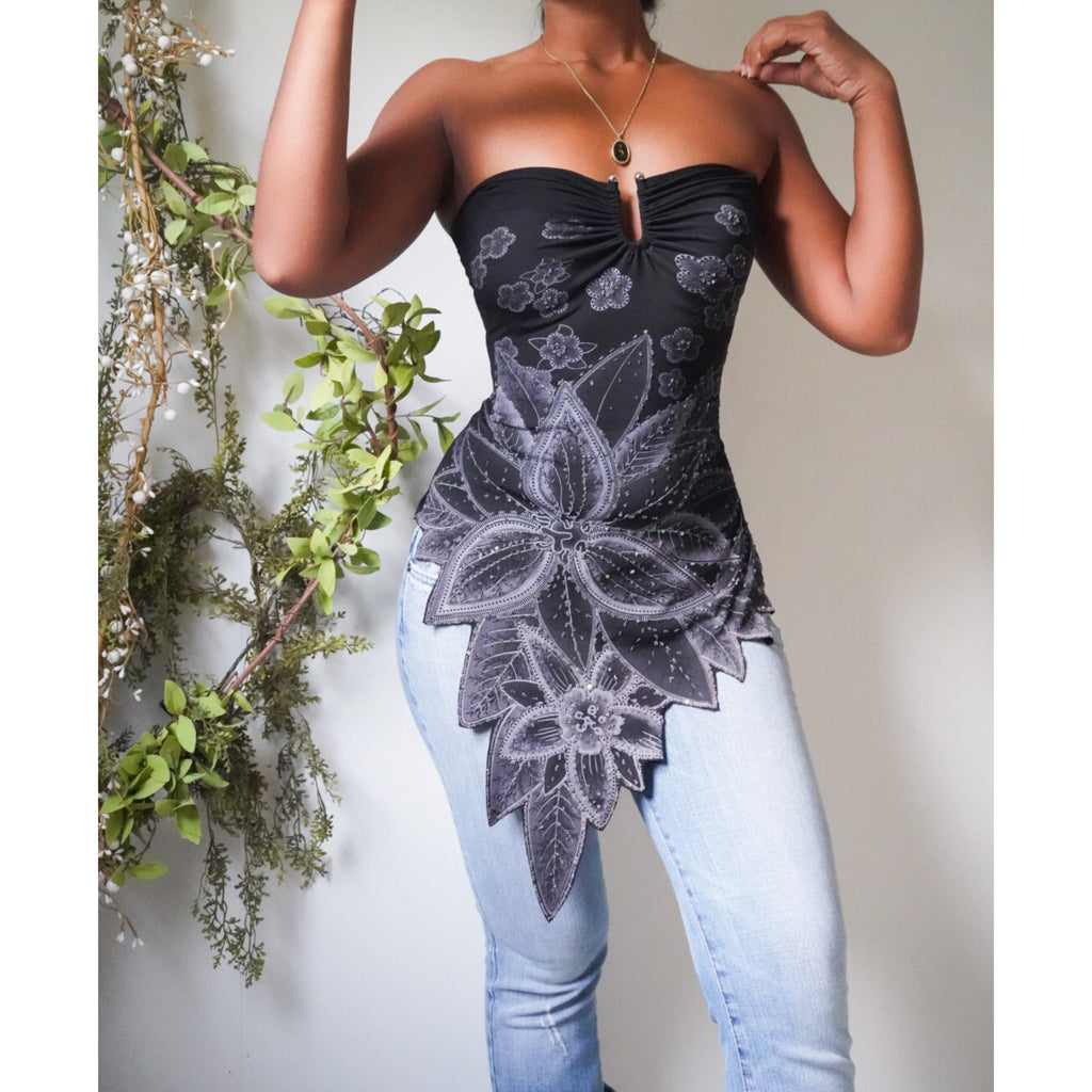 Painted Floral Hem Strapless Top