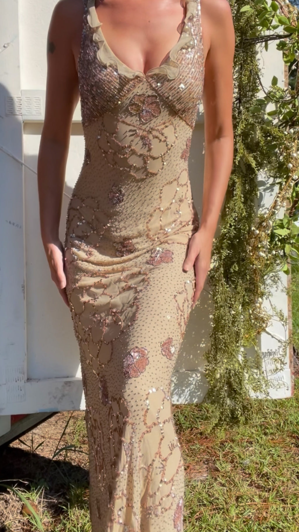 Rare Sue Wong beaded silk ruffle gown