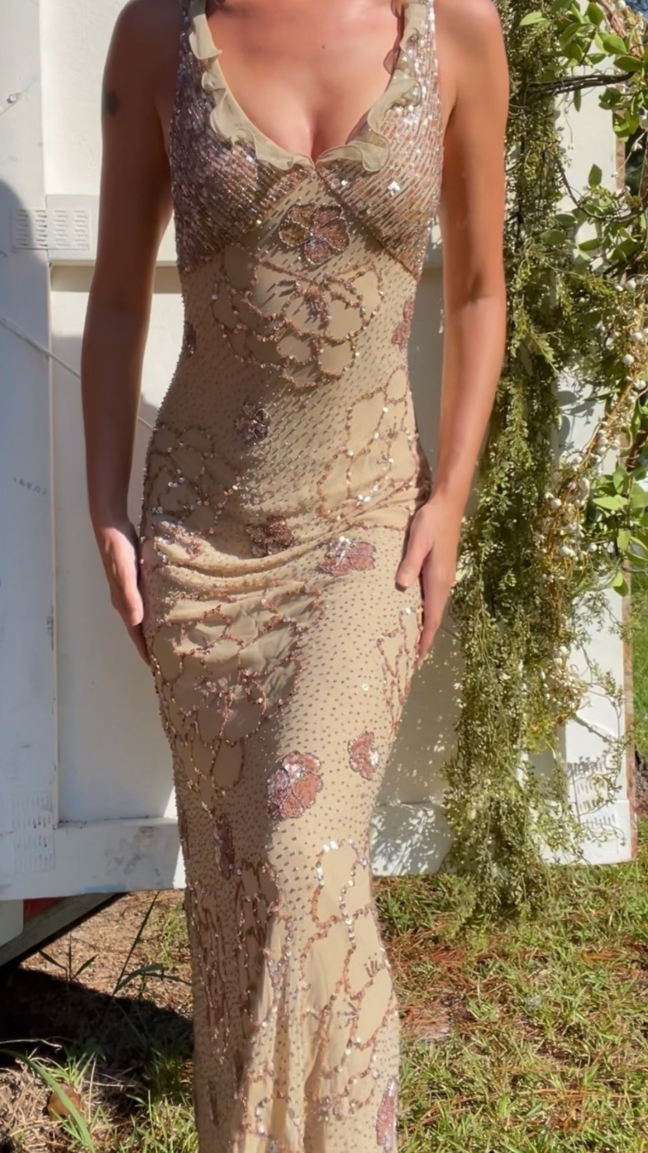 Rare Sue Wong beaded silk ruffle gown