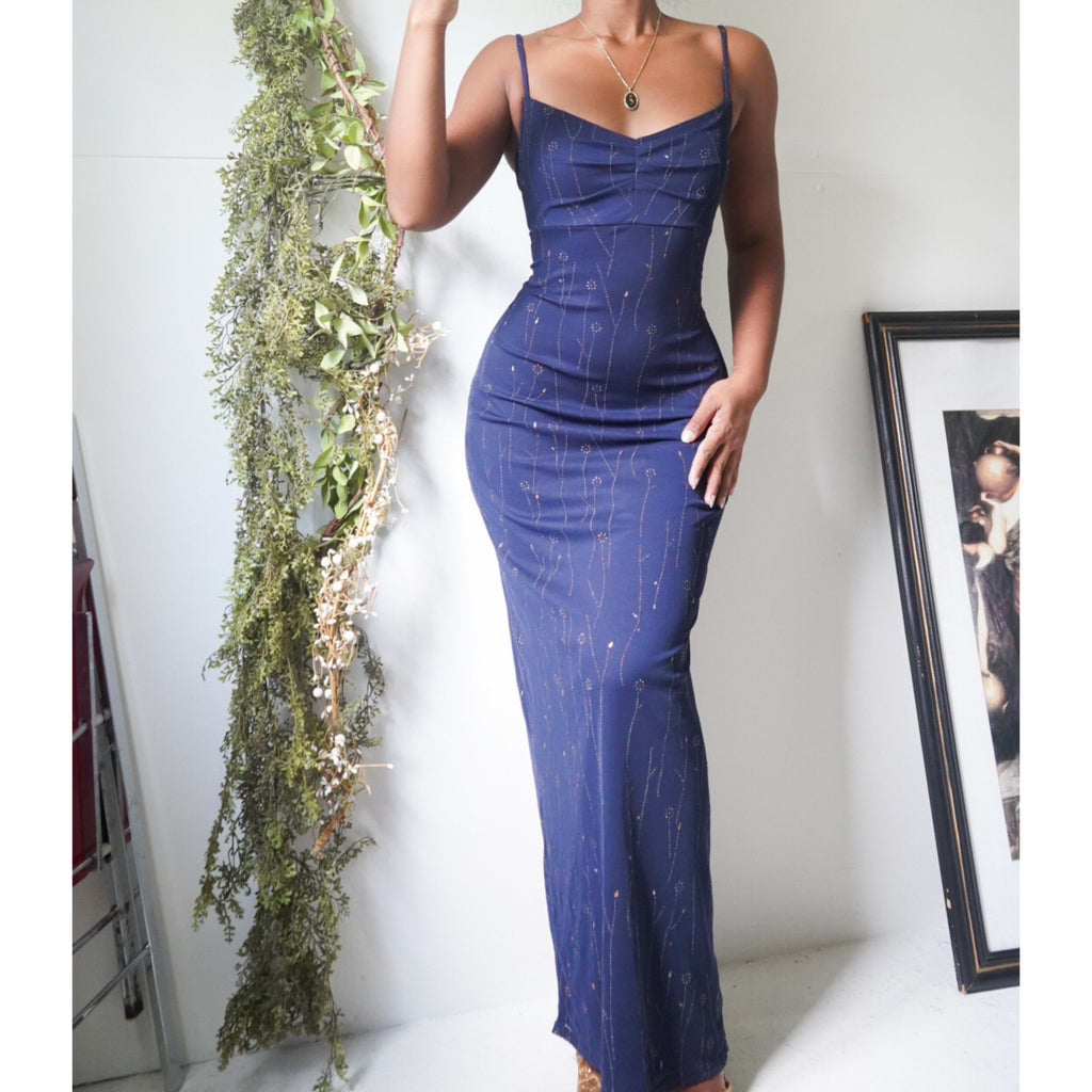 Navy Blue Floral Cinch Neckline Gown