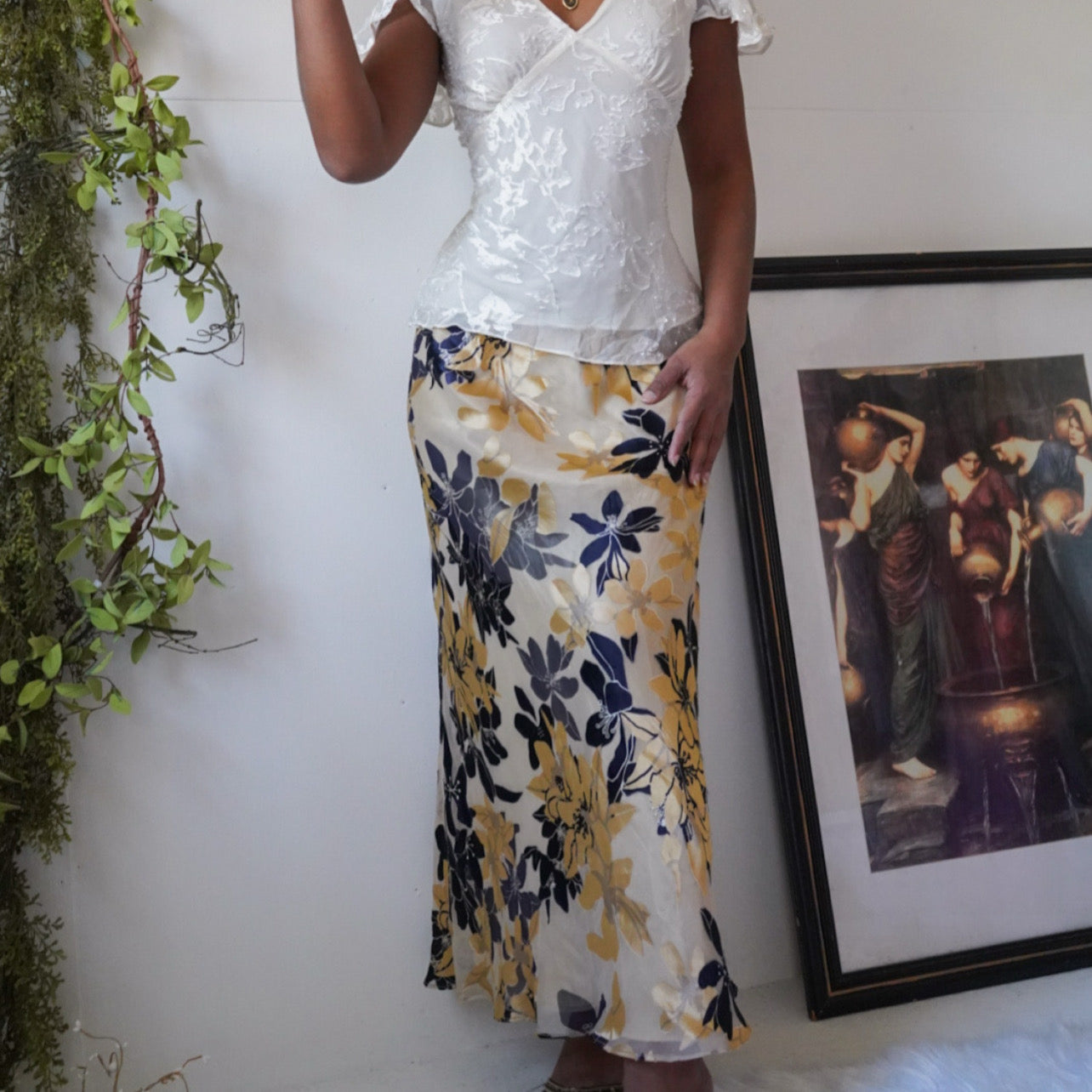 Burnout Floral Midi Slip Skirt