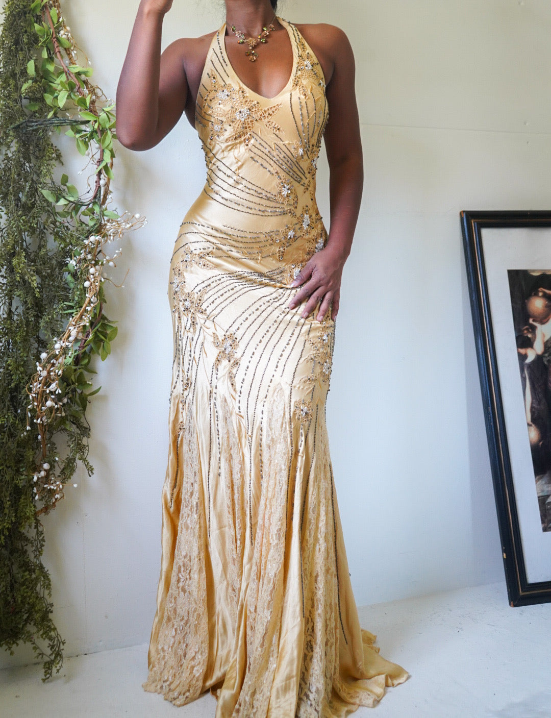 Golden Yellow Beaded Sue Wong Halter Gown