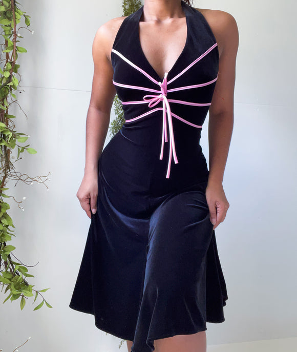 Vintage 90’s Velvet Ribbon Detail Halter Dress (M)
