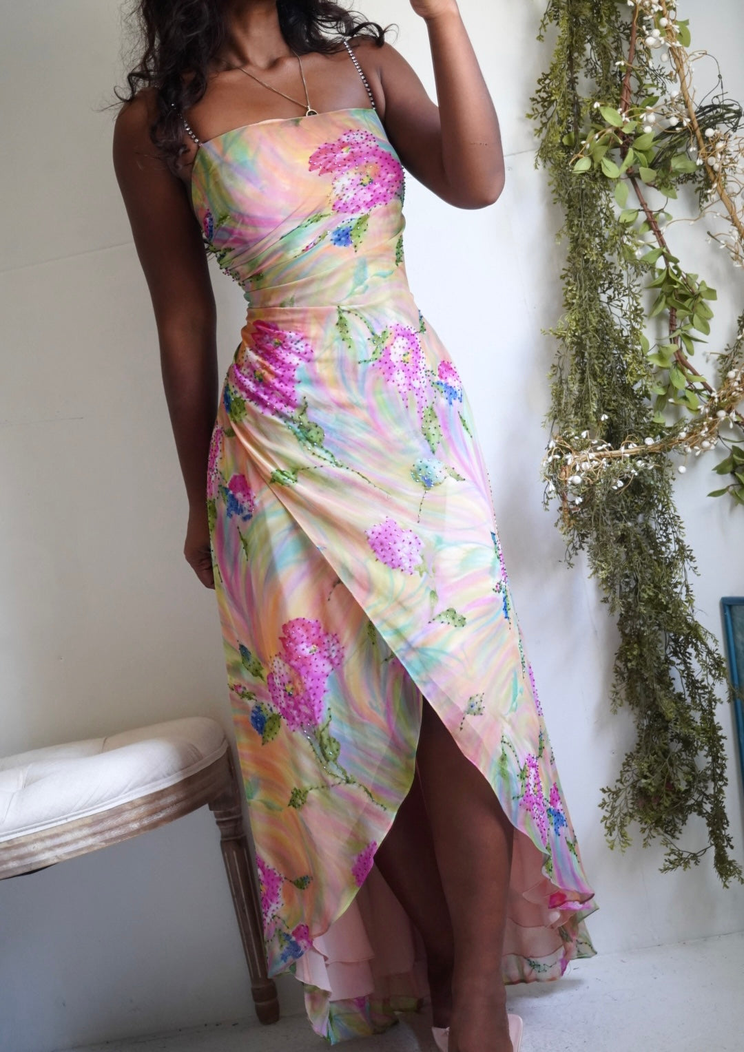 Y2K Beaded Rainbow Floral High-Low Gown