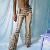 Late 90’s-Y2K Camel Corduroy Lace Up Flares (27”)