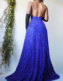 Vintage 90’s Heavily Beaded Silk Royal Blue Gown (M)