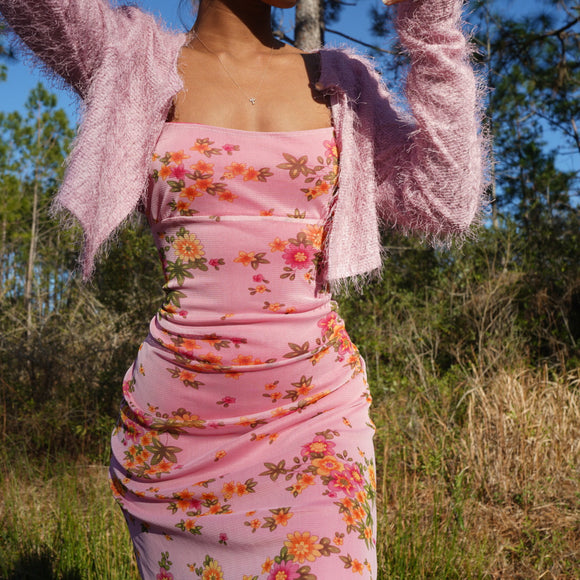 Vintage 90’s Pink Mesh Floral Layered Midi Dress (L)