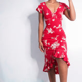 Vintage Y2K Bright Red Floral Mid Length Dress (M)