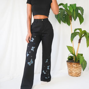 Vintage 90’s Black Butterfly Print Flared Jeans (29-30”)