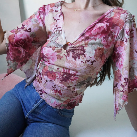 Vintage 90's floral belled sleeve butterfly top.