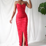 Vintage 80’s Ruched Bright Red Strapless Dress (S)